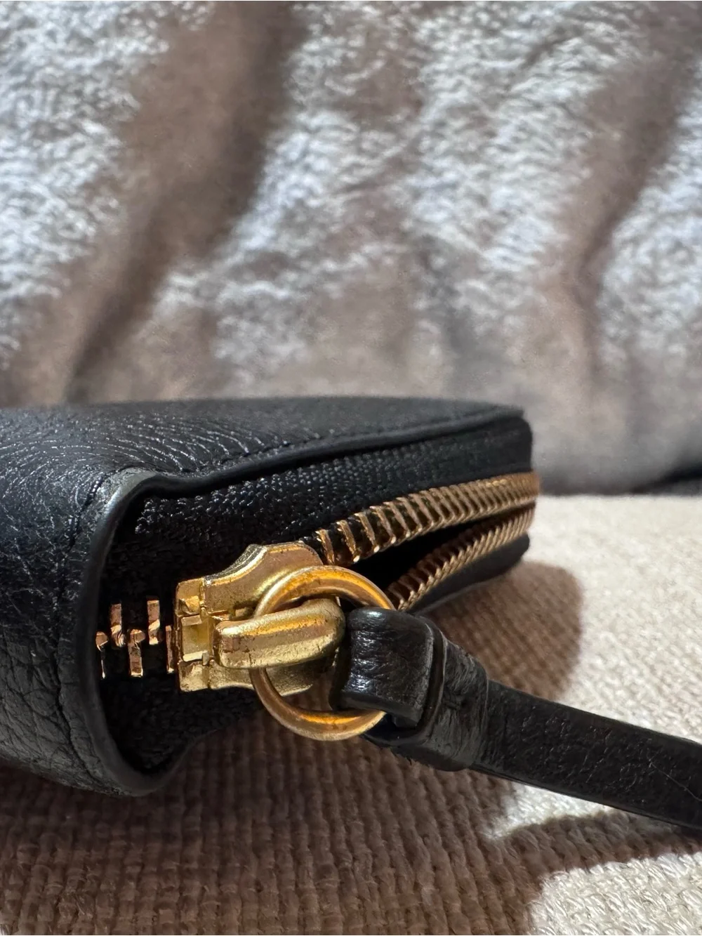 Tory Burch Black Pebbled Leather Zip Wallet with Gold Logo